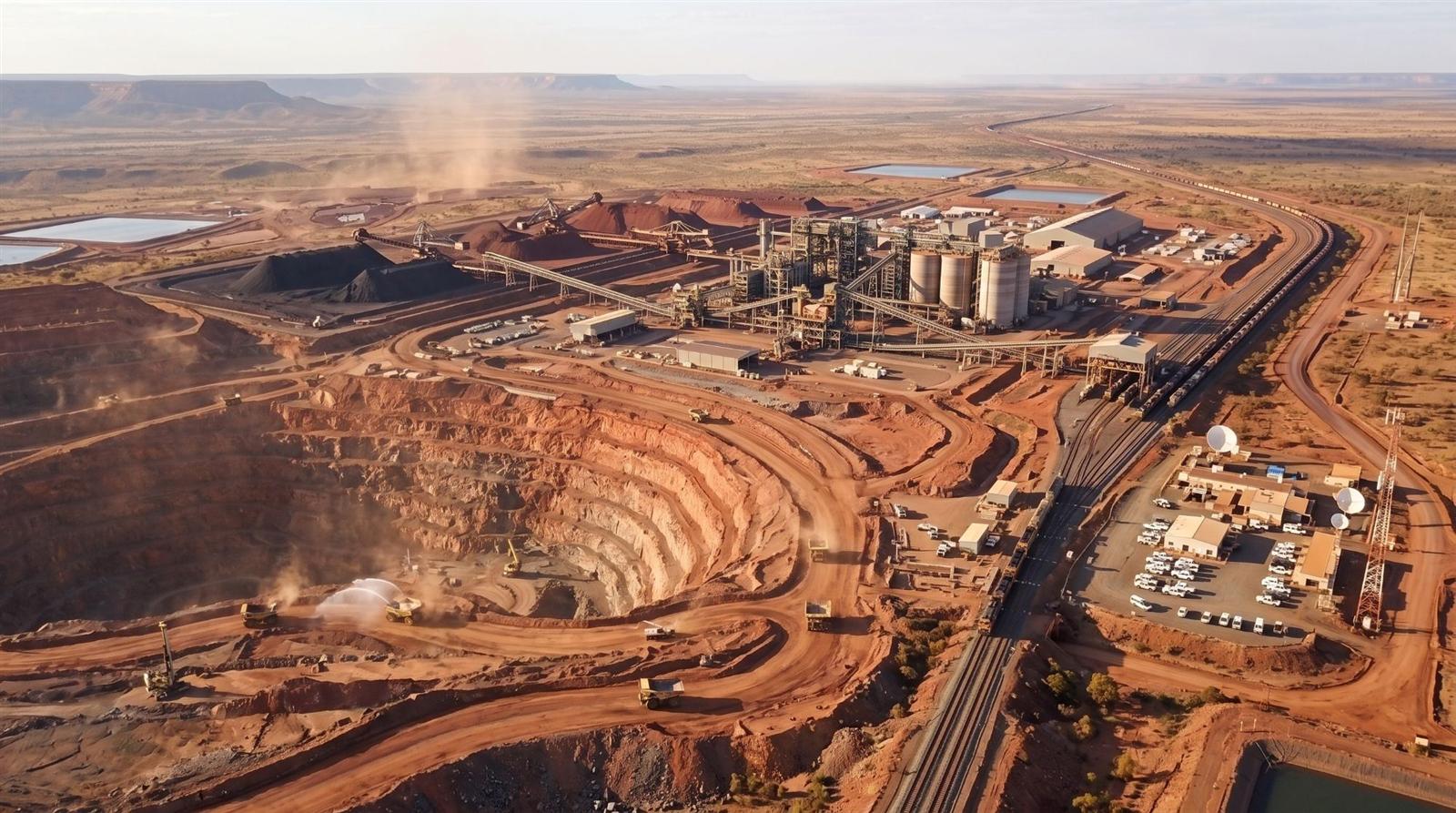 Open-pit mine with processing plant and stockpiles