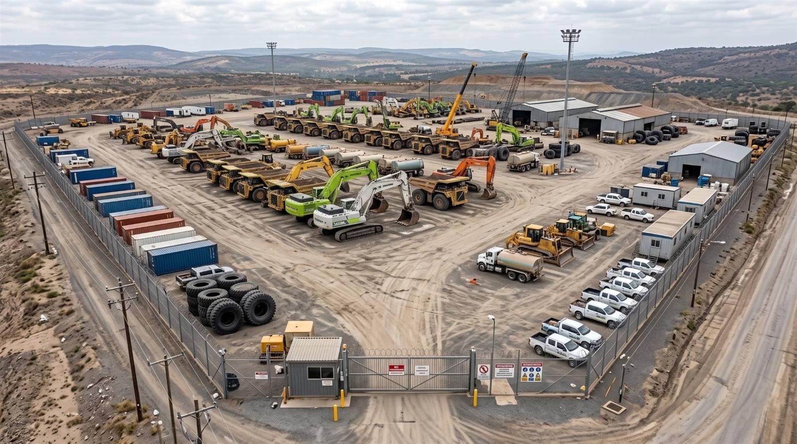 Faula plant yard with excavators, haul trucks, bowsers and dozers
