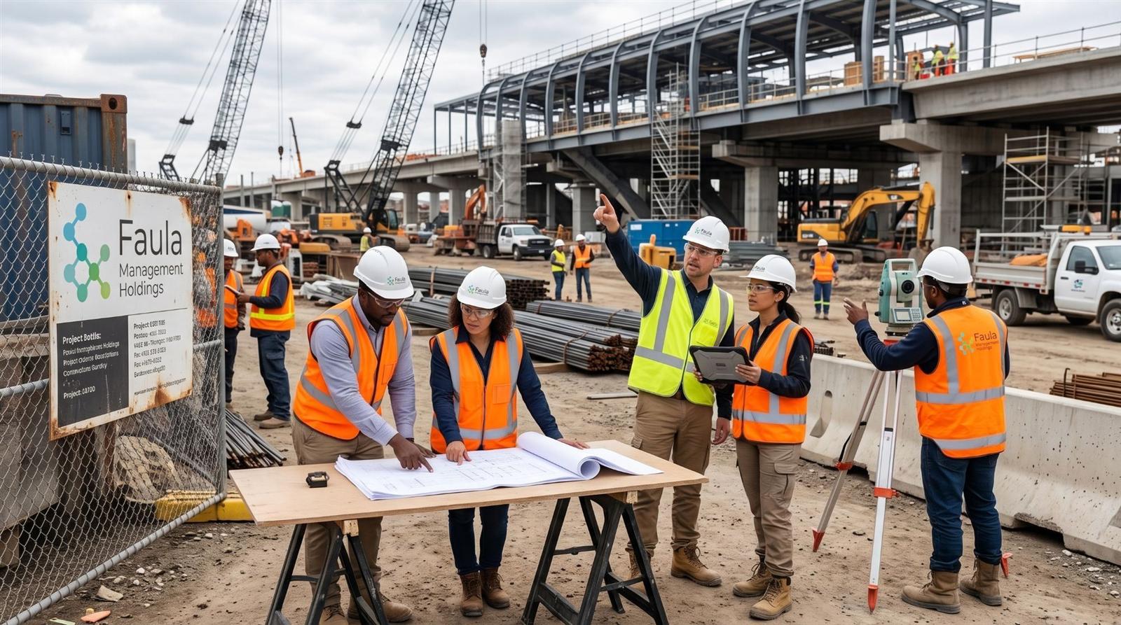Faula site team in PPE reviewing drawings on a construction site